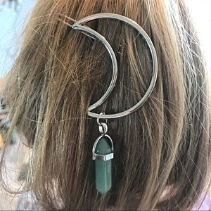 Hippie Boho Jade Silver Crescent Moon Hair Clip
